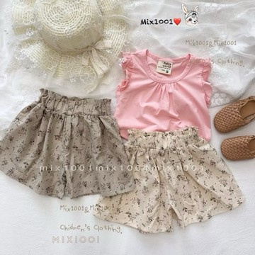 🌈✨mix1001 菱格紋壓紋小花闊腿短褲✨兒童落花點點印圖短褲5-17