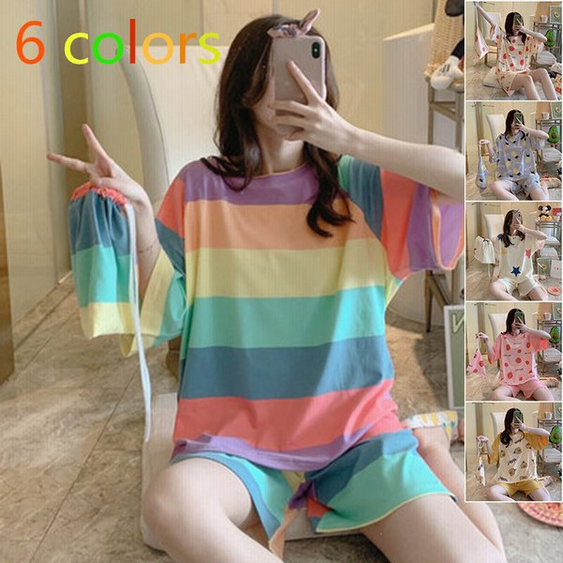 薄手パジャマ ルームウェア レディース 春夏 半袖 パジャマ レインボーボーダー柄 上下セット韓国風 パジャマ オシャレ 可愛い 部屋着 ゆったり 通販 Lineポイント最大get Lineショッピング