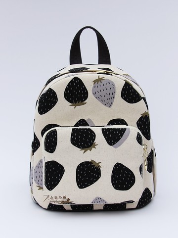 棉麻黑色草莓雙肩包/後背包|布藝雙肩包