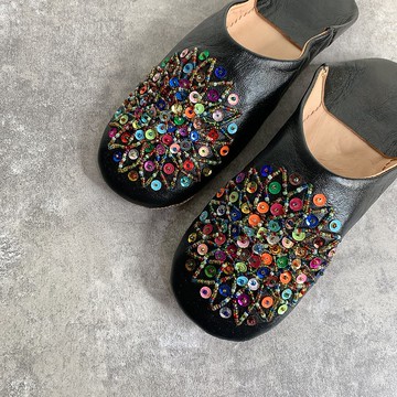 摩洛哥 babouche 室內拖鞋 珠串刺繡 糖果花磚 黑