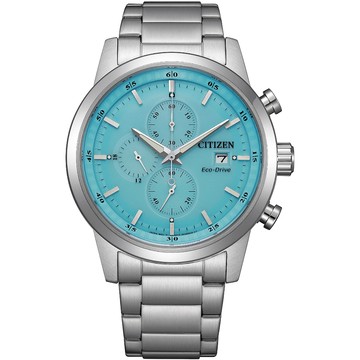 CITIZEN 情人節推薦款光動能三眼計時錶/湖水藍/43mm/CA0748-80L