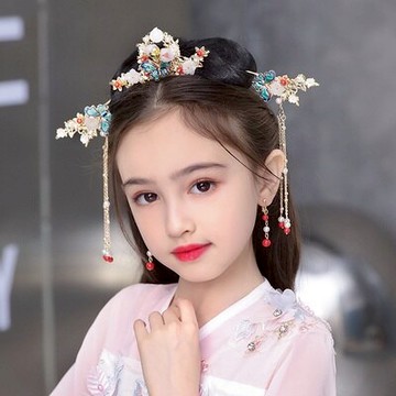 漢服頭飾頭冠兒童鳳冠女童髮飾超仙古裝髮冠長流蘇演出皇冠中國風【MJ11877】