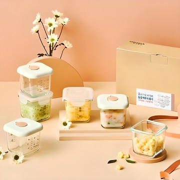 Glasslock 嬰兒刻度副食品保鮮盒 四面環扣蓋3入 + 微笑上蓋3入  1套