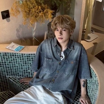 水洗做舊牛仔短袖襯衫男 M-2XL 兩色入 夏季新款牛仔襯衫 日系牛仔襯衫男 潮牌寬鬆襯衫男 帥氣襯衫外套男 復古牛仔襯