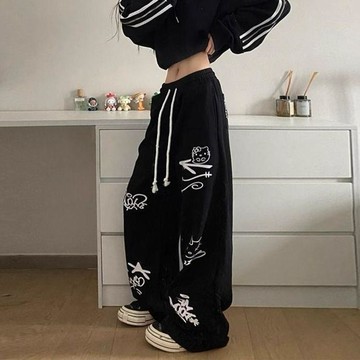 【大碼2-300斤 美式街頭 街舞 嘻哈 運動褲 女 胖mm 寬鬆 闊腿 抽繩 休閒褲 大尺碼 棉質 鬆緊帶 潮流 寬褲