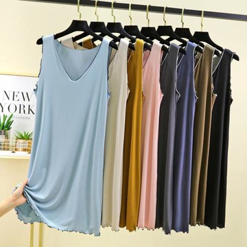 莫代爾V領飛邊睡裙女夏季寬松背心裙純色家居裙可外穿連衣裙大碼