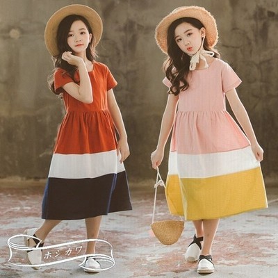 韓国子供服 子供ワンピース 配色 半袖ワンピース 春夏 女の子 スポーツ キッズカジュアル 小学生 中学生 通販 Lineポイント最大get Lineショッピング
