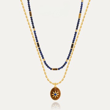 【法式復古】星芒浮雕橢圓項鍊 | 藍金配色 | 異材質拼接 | 歐美