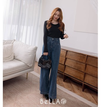 【初秋新品】BeLLA 修身線條牛仔寬褲 深藍