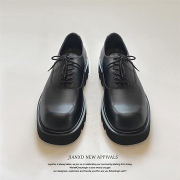 方頭皮鞋男高級感cleanfit德比鞋通勤增高黑色樂福鞋冬季加絨厚底