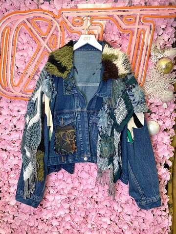 OTT獨一無二•日系可拆式毛領假兩件刺繡披肩牛仔外套