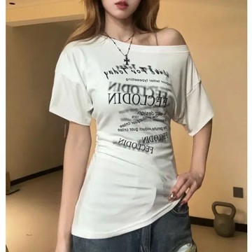 胖胖美依 短袖T卹 基本款 印花上衣 S-XL新款冰絲螺紋字母印花設計感斜肩短袖辣妹短上衣修身收腰-9263.