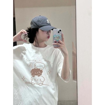 【鹿向南】100%純棉 女短袖上衣 印花 t恤 寬鬆上衣 學生黨衣服 夏季上衣 復古上衣 ins 風 古著T恤 正韓上衣