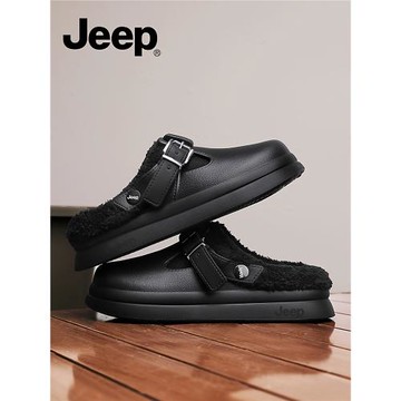 JEEP加絨勃肯鞋女冬外穿2025新款毛毛棉拖黑色半拖冬季洞洞棉拖鞋
