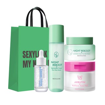 開運提袋組-【SEXYLOOK 西西露】退黑去黃保養4件組(夜光霜50ml+夜光水150ml+外泌體精華35ml+熊果素棉片50片/盒)+品牌提袋