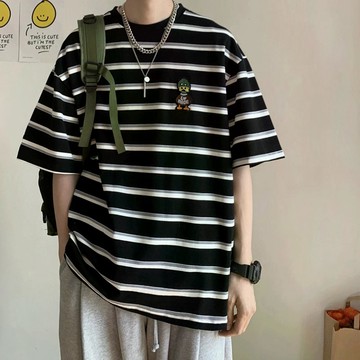 刺繡條紋t卹男夏季潮牌寬鬆百搭學院風情侶短袖ins潮流半袖體卹衫