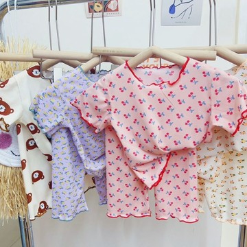 mori🎀mori現貨當天出貨🎀女童睡衣 家居服 短袖上衣 七分褲 夏季冰絲 女寶寶空調服 兩件套套裝