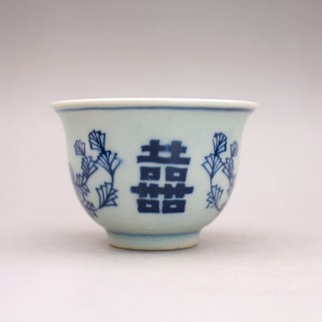晚清民窯 青花纏枝喜字紋小茶杯 古玩古董陶瓷器仿古老貨收藏品