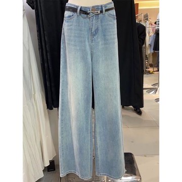 韓國東大門新款復古藍色牛仔褲高腰褲子休閑褲女裝春季闊腿褲長褲