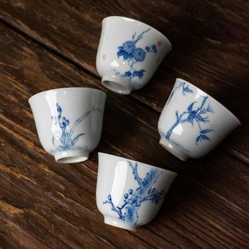 景德鎮中式仿古青花手繪梅蘭竹菊陶瓷茶杯 單杯 主人杯 功夫茶具