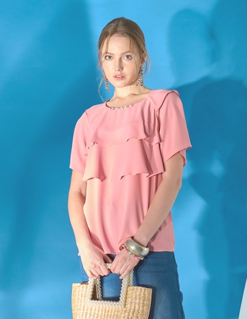 ★【喜芝梅】女神風層次荷葉邊氣質垂墜感飄逸雪紡上衣(兩色；M-2L) 124200628