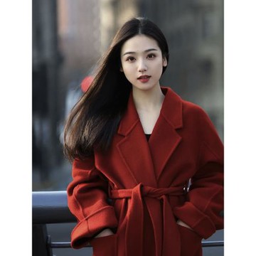 紅色雙面羊絨大衣女中長款2024秋冬新款高級感小個子毛呢外套大衣