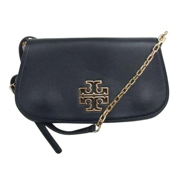 【TORY BURCH】素面翻蓋皮革造型斜背包-黑