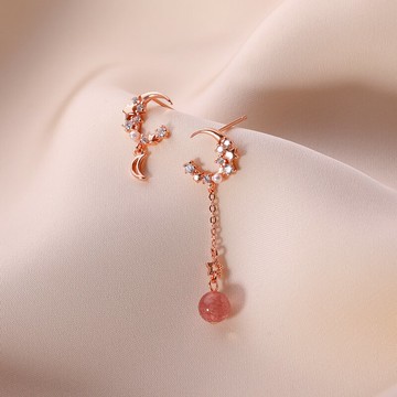 925純銀星月不對稱耳環女夏季年新款潮耳釘流蘇耳墜氣質耳飾