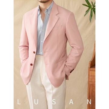 鹿三先生夏季半里布薄款天絲混紡麻魚骨紋西裝修身英倫透氣西服男