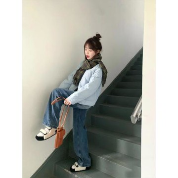 韓系高級感藍色菱格棉服外套2025秋冬小個子設計感寬松短款面包服