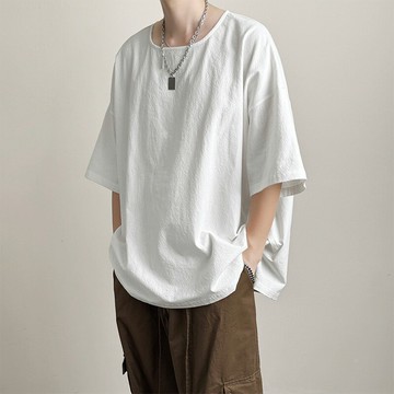 【台灣公司 可開發票】亞麻白t恤男短袖潮牌體恤慵懶風衣服寬松大領口半袖棉麻日系上衣