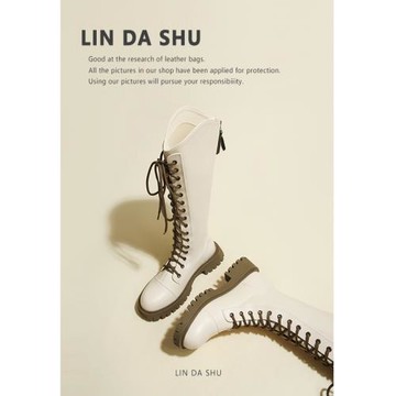 【林大叔】厚底系帶v口騎士靴女不過膝高筒長靴顯瘦后拉鏈長筒靴