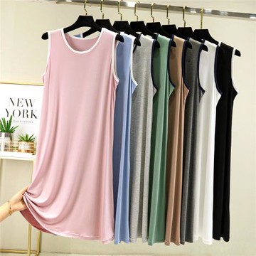 莫代爾圓領背心裙女夏季薄款居家無袖睡裙連衣裙簡約過膝打底裙
