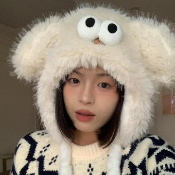 秋冬日系卡通學生護耳帽子女可愛加厚保暖百搭大眼睛毛絨帽子套頭