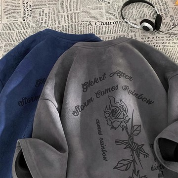 【隔日到貨 玫瑰印花】短袖上衣重磅短t麂皮絨印花T恤夏季新款美式復古寬鬆上衣百搭加大碼Oversize t恤男生T恤