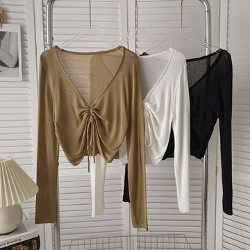 【Paiya 派亞】抽繩系帶V領冰絲長袖針織衫女夏季韓版複古百搭短款打底衫(均碼S-2XL可穿)