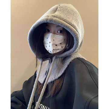 免運🌞巴拉剋拉法帽冬帽圍脖一體 灰色針織帽女 新款冬季洋氣保暖加厚護耳毛綫帽 毛綫針織抽繩帽套頭複古加厚 針織保暖毛帽