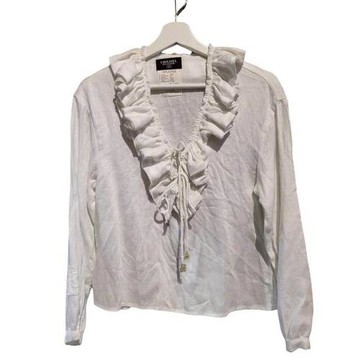 【二手精品 9.9成新】CHANEL香奈兒Boutique系列白色荷葉邊襯衫(剪水洗標) 編號S156