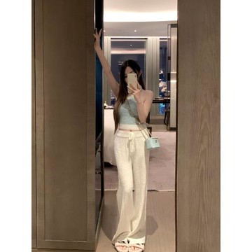 盤盤/DU+鎮店之褲/春季新款提花針織垂感闊腿褲女寬松白色長褲子