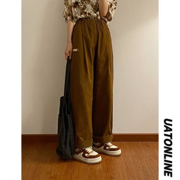 UATONLINE秋新款美式復古寬松日系簡約字母刺繡直筒褲咖色休閑褲