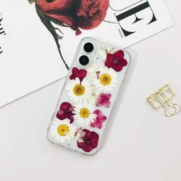 天然紅白色花手工押花手機殼 適用於iPhone 16 Samsung S25 A系列