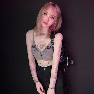 歐美風時尚性感辣妹字母印花網紗透視超薄長袖打底衫T恤上衣內搭