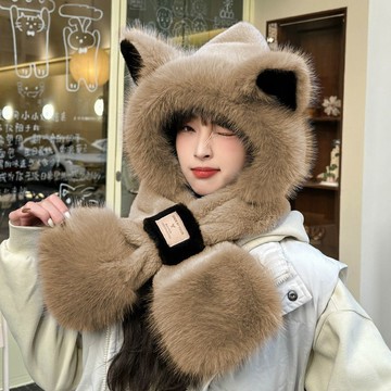 🛒臺灣24h🌳可愛狐狸帽子圍巾一體女冬季毛絨護耳朵騎行保暖2026新款撞色圍脖