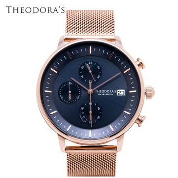 【THEODORA'S】Mercury 太陽能金屬手錶 三眼深藍-米蘭玫金【希奧朵拉】