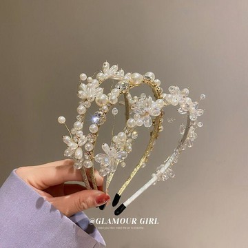 【七號】鑲鑽珍珠水晶花朵水滴髮箍年新款潮小清新氣質超仙頭箍髮飾女免運