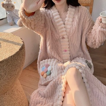 熱賣 加厚浴袍 睡袍 珊瑚絨睡袍 長袖睡袍 居家服 秋冬季 加絨加厚 可愛女士睡裙 甜美睡衣 家居服