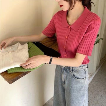 FUXI 冰絲針織上衣 短袖針織上衣女 韓版顯瘦素色polo領上衣 短袖針織衫 針織衫 女裝 衣服