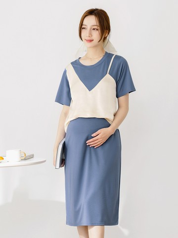 假兩件不對稱背心後開衩孕婦洋裝