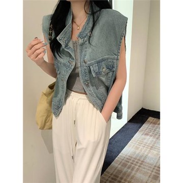 大碼女裝復古墊肩斜扣牛仔馬甲夏季新款休閑百搭無袖短款上衣外套