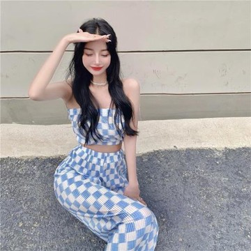 2023夏季新款套裝短款格子抹胸上衣+格子褶皺闊腿褲休閑兩件套女